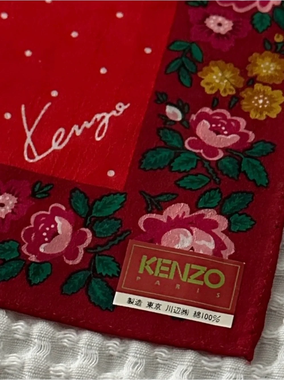 KENZO Red Floral Border Silk Scarf